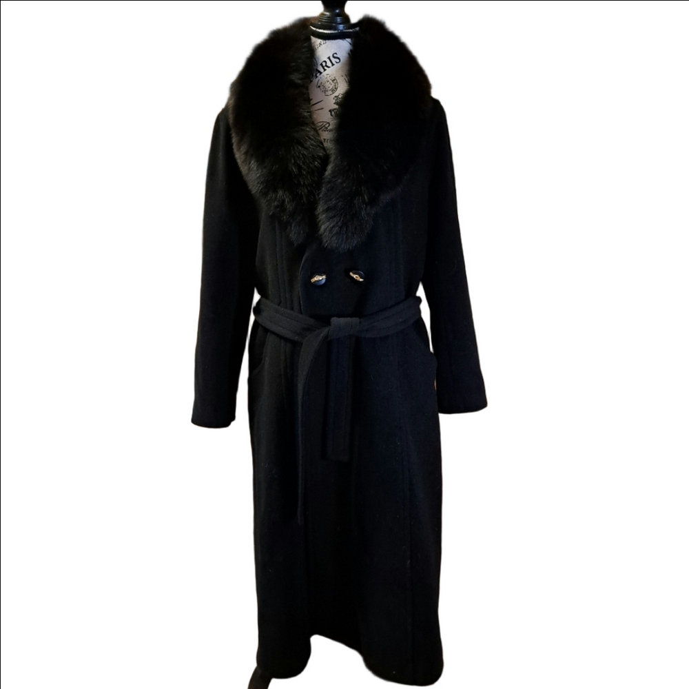 LA POMPADOUR Paris Wool And Cashmere Coat Removable Fur Collar Size 44 Euro